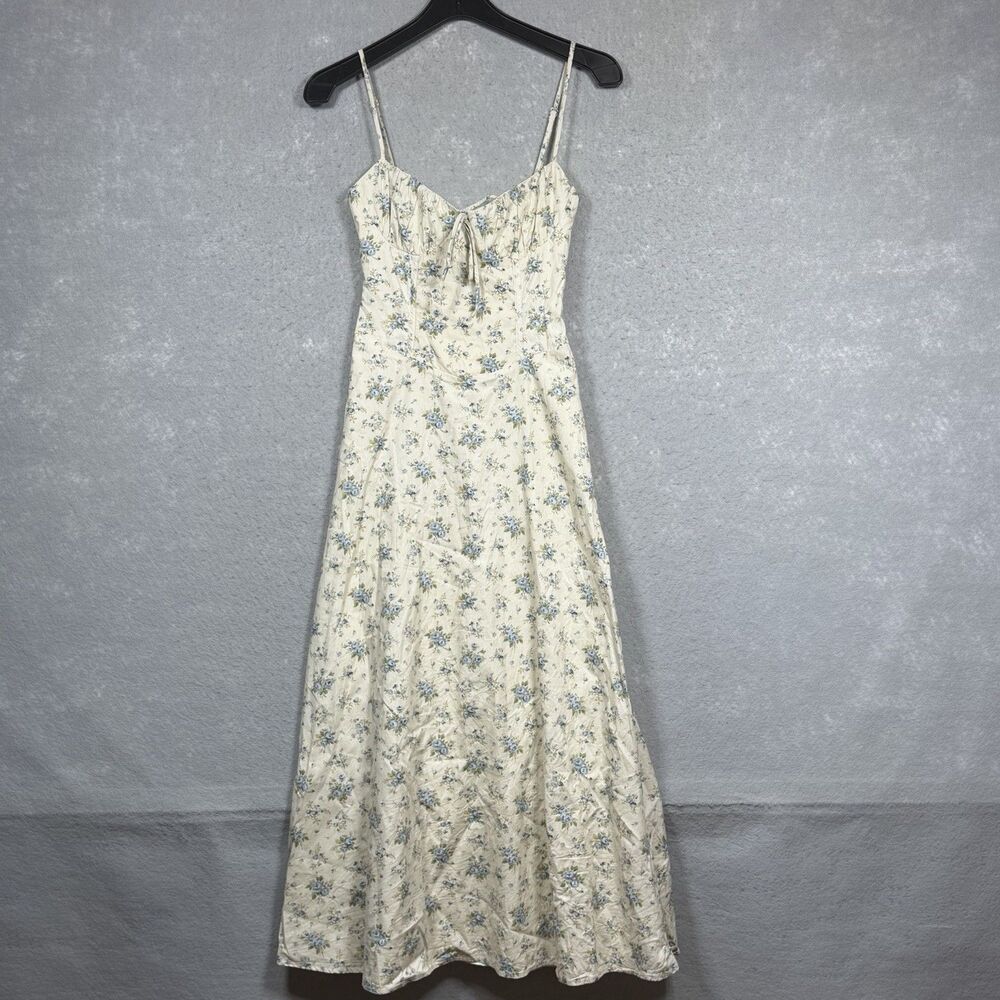 Petal & Pup Cream Floral Midi Dress with Blue Flower Print